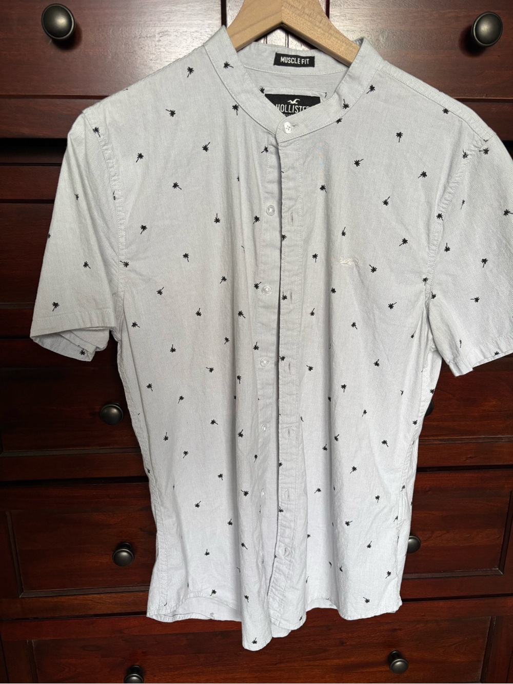 Hollister White Short-Sleeve Button-Up with Black Palm Motif